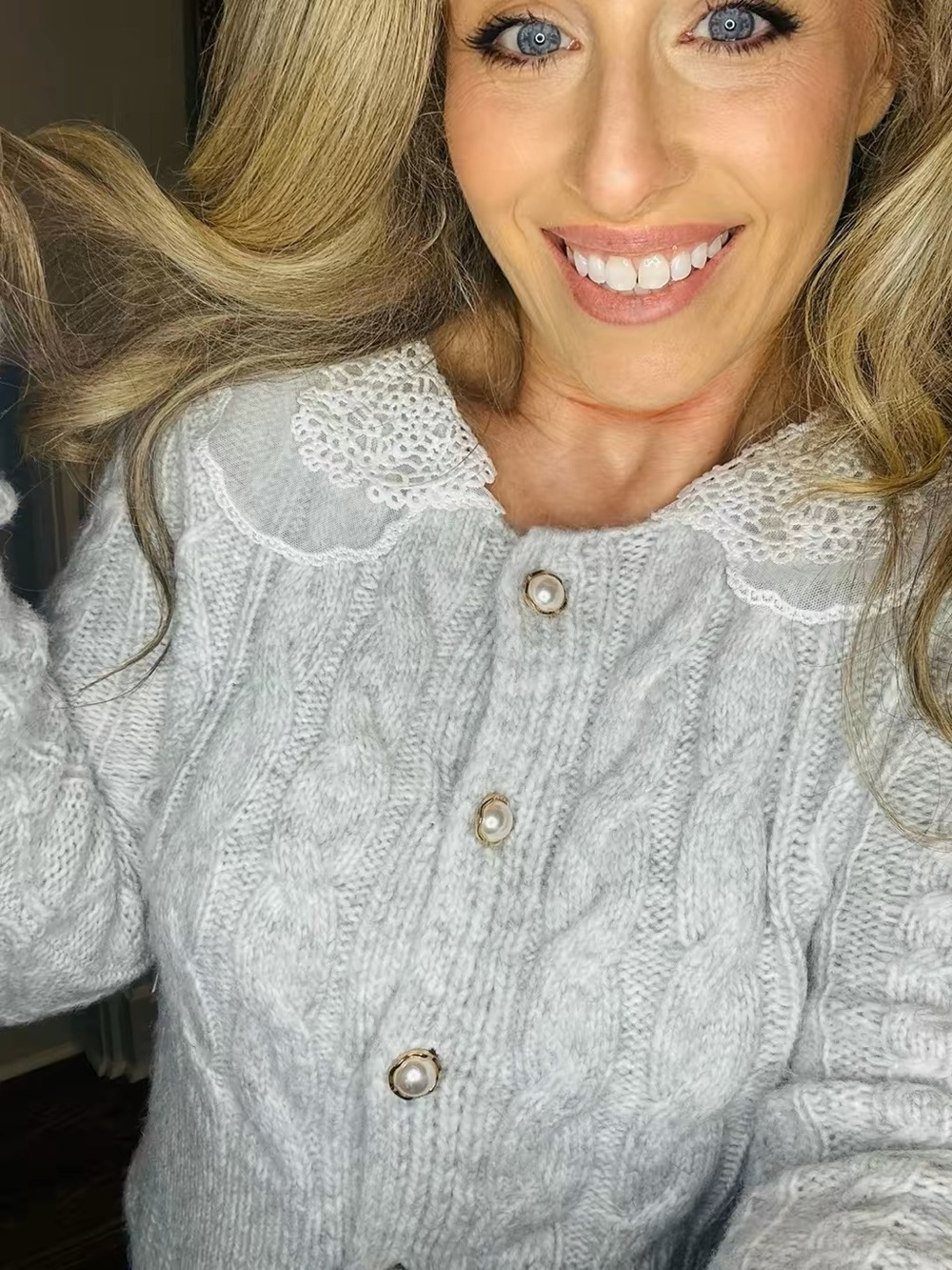 Altar'd State Gray Cable-Knit Cardigan with Lace Collar